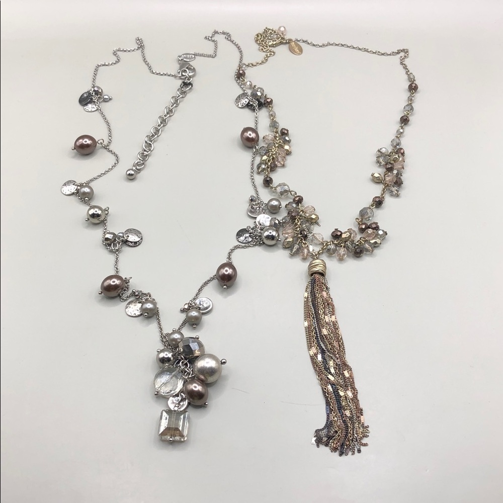Chico's WHBM curated bundle 2 long beaded station chain necklaces layered look.